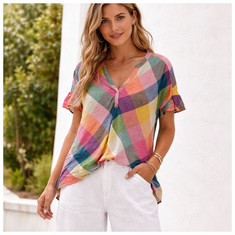 Crown & Ivy Boho Colorful Ruffle Sleeve Linen Blend Blouse Women’s Small